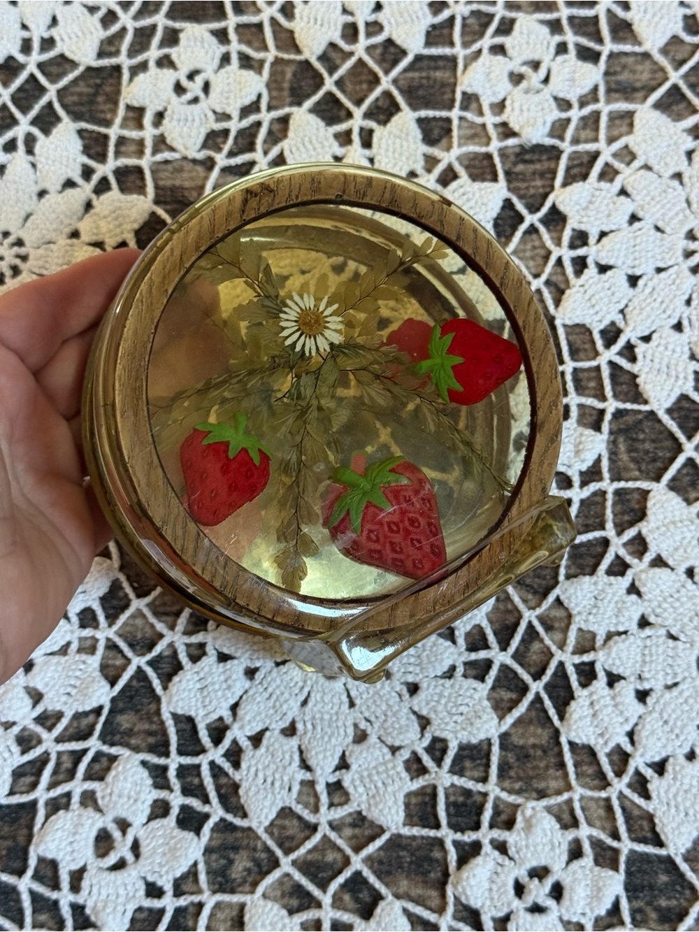 Vintage Strawberry Lucite Resin Napkin Holder Pressed Flower Kitchen Decor